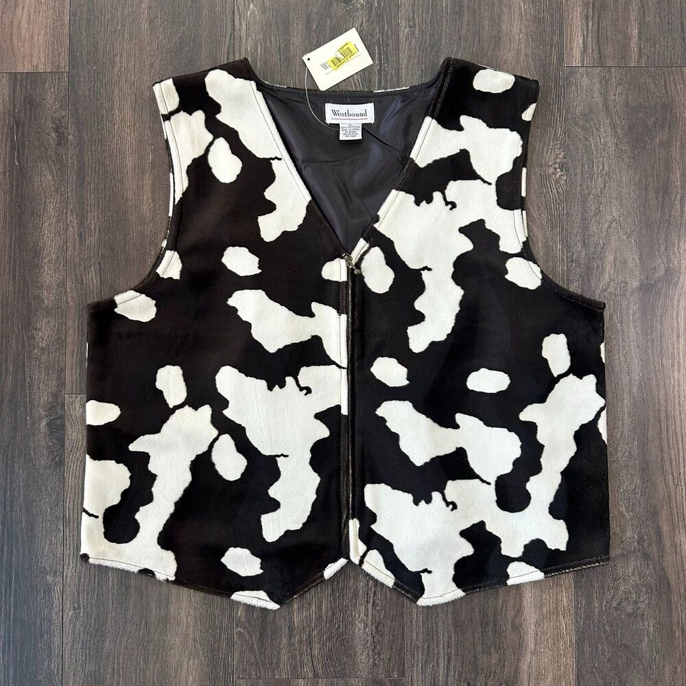 NWT Vintage 1990's Westbound Cow Print Vest Zip-Up V-Neck Sleeveless Women's XL
